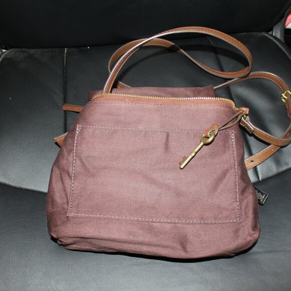 Fossil leather shoulder ,crossbody brown mini lined  bag top zip 10" x 7.5"x 2" - Picture 7 of 9